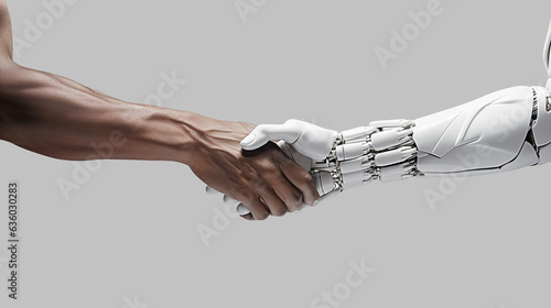  White cyborg robotic hand and human hand, handshake - 3D rendering isolated on free white background. photo