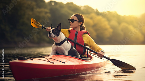Woman in her 30s in a kayak with her dog 