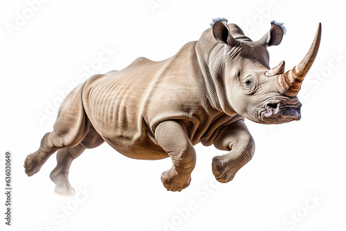 Rhino isolated on a white background jumping. Animal side view portrait.