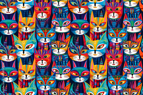 Cats folk art stylized seamless texture, tiling pattern, wallpaper, background, texture