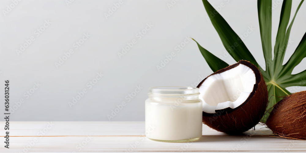 Fresh coconuts and coconut loin in a jar on white table with copy space, ai generated