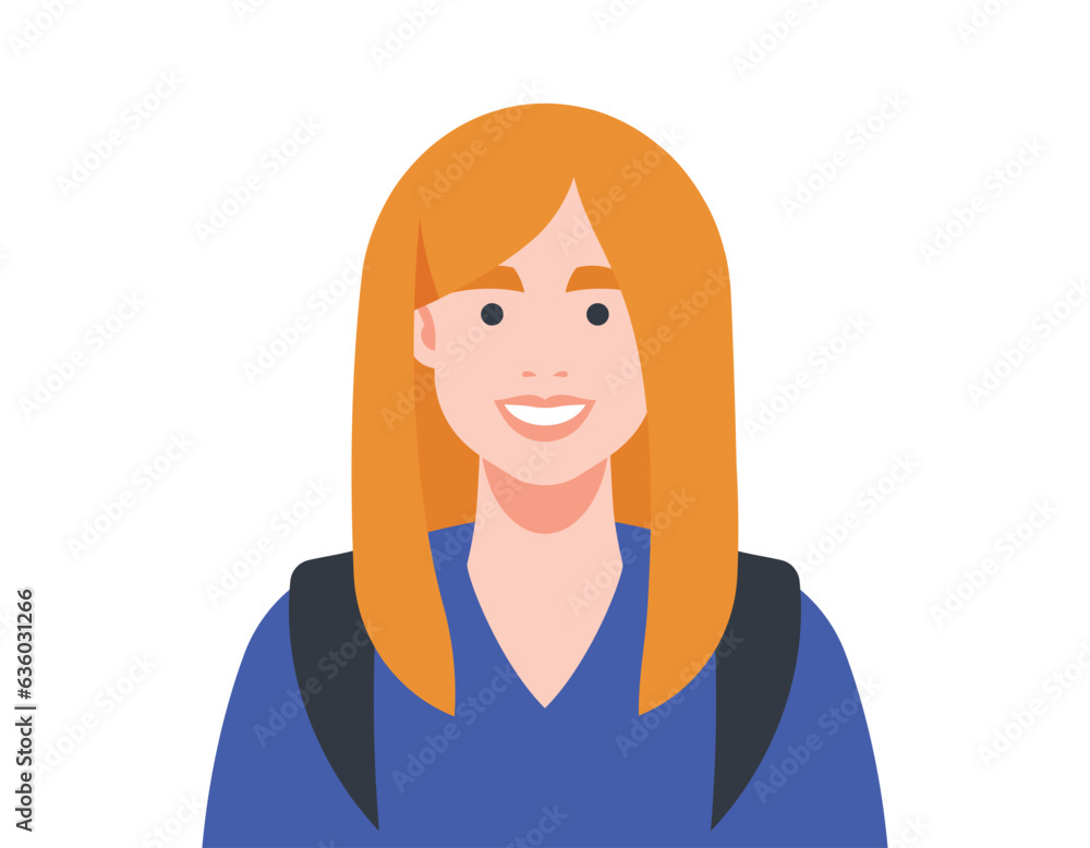 School girl. Cute teenage student with a backpack on her back. Girl with blonde hair, white skin and a smile. Modern vector illustration of child who is studying at school or college. Isolated School girl. Cute teenage student with a backpack on her back. Girl with blonde hair, white skin and a smile. Modern vector illustration of child who is studying at school or college. Isolated