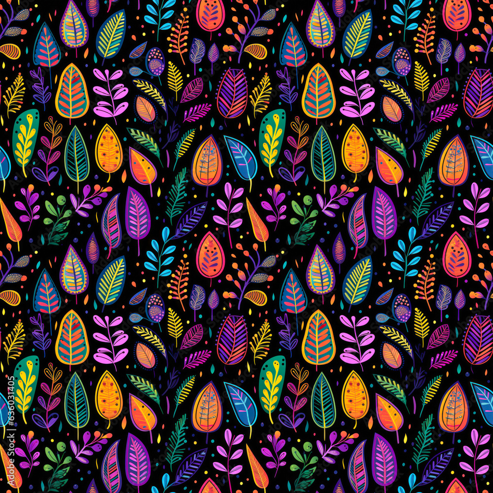 Folk art colorful leaves on black background seamless texture, tiling pattern, wallpaper, texture Folk art colorful leaves on black background seamless texture, tiling pattern, wallpaper, texture
