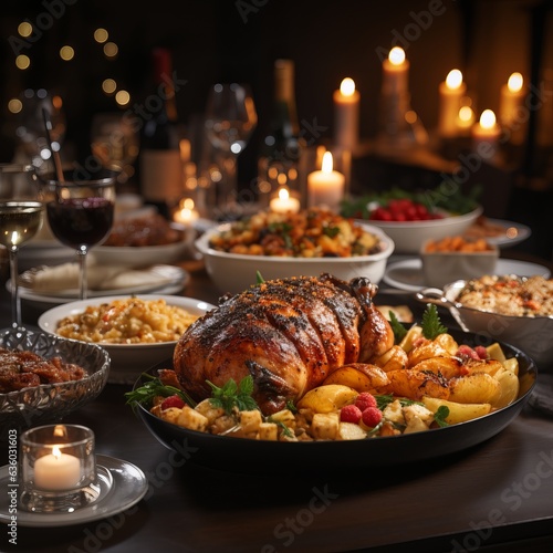 
Christmas dinner table full of dishes with food and snacks. New Year's decor in the background. The table is decorated with spruce branches, lights of garlands, French Provence style