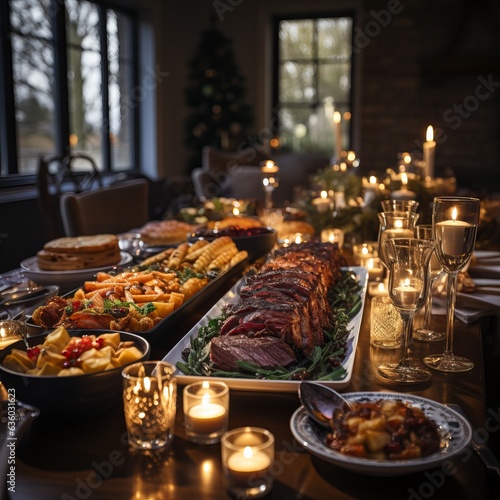  Christmas dinner table full of dishes with food and snacks. New Year's decor in the background. The table is decorated with spruce branches, lights of garlands, French Provence style