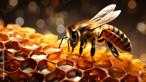 Generative AI, macro shot of a bee on honeycombs, apiary, insect, beehive, natural sweetness, swarm of bees, wings and antennae, yellow honeycombs, golden background