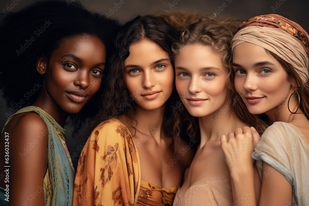 Diverse group of women showcasing cultural diversity and cohesion, female friend group of mixed culture and race Diverse group of women showcasing cultural diversity and cohesion, female friend group of mixed culture and race