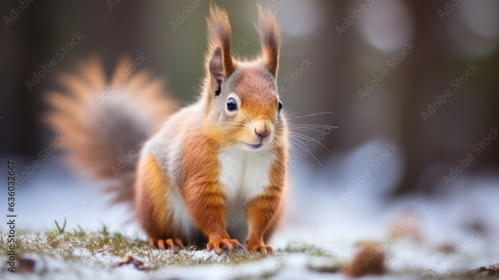Curious red squirrel in winter forest. Defocused blurred trees in the background. Curious red squirrel in winter forest. Defocused blurred trees in the background.