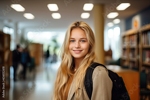 Portrait of young beautiful woman high school student that has blond hair, cute girl standing in library with smiling and happiness, with Generative Ai.