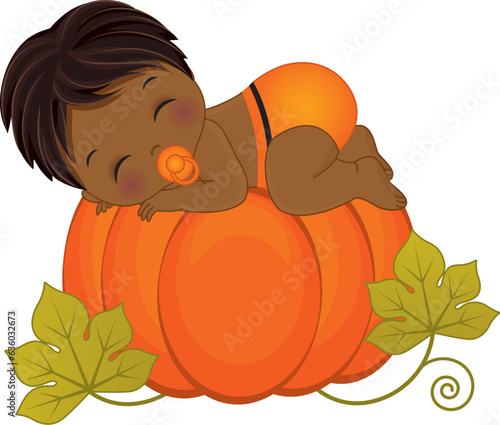 Vector Cute Little African American Baby boy Wearing Orange Diaper Sleeping on Pumpkin