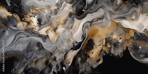 Abstract black, white, gray and gold alcohol ink art background. 