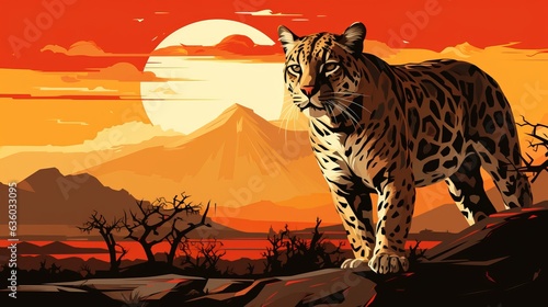 Leopard hunts against the background of the sun, minimalistic banner illustration with copy space. a kind of panther is a species of predatory mammals. Spotted dangerous animal.