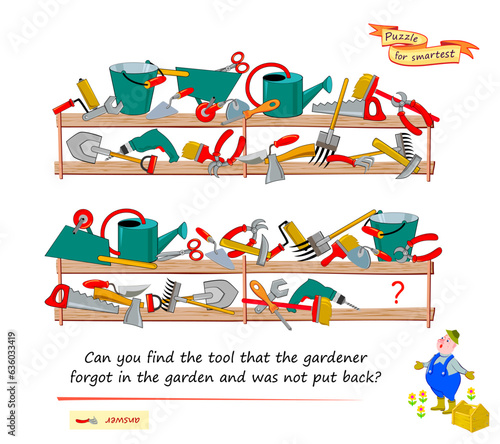 Logic puzzle for smartest. Can you find the tool that the gardener forgot in the garden and was not put back? Educational game. Page for kids brain teaser book. Task for attention. Cartoon vector.