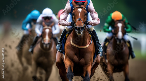 Fotografiet Horse racing, horses and jockeys battling for first position on the race track