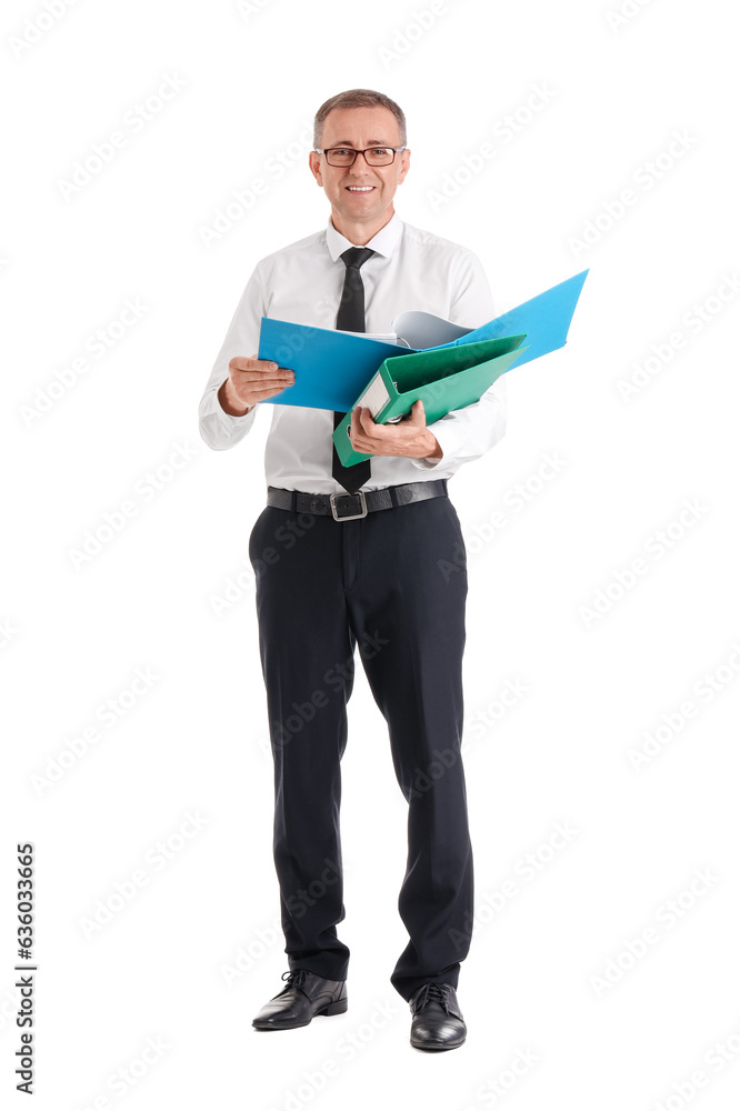 Mature businessman with folders on white background Mature businessman with folders on white background