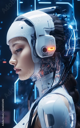 Woman from the future connected to her clothes provided with computer data circuits.