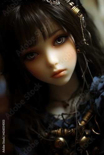 Portrait of lifelike doll figurine with meticulous fine details, beautiful big radiant eyes and elegant shiny acrylic hair, pale white skin tone, Victorian goth, bokeh background, generative AI