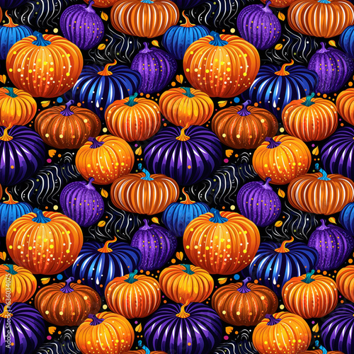 Fall pumpkins orange and purple seamless texture, tiling pattern, wallpaper, background, texture