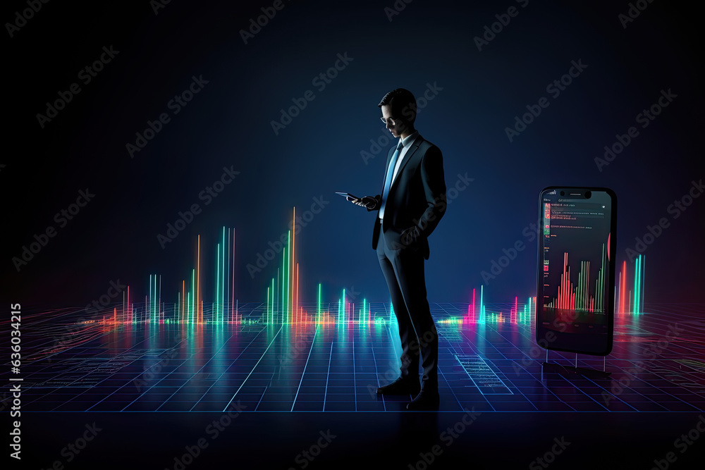 Businessman using smartphone against background of big smartphone screen app and graphs of data on trading on stock exchange displays information in futuristic style - obrazy, fototapety, plakaty 