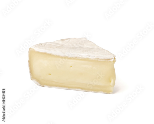 Piece of tasty Camembert cheese on white background