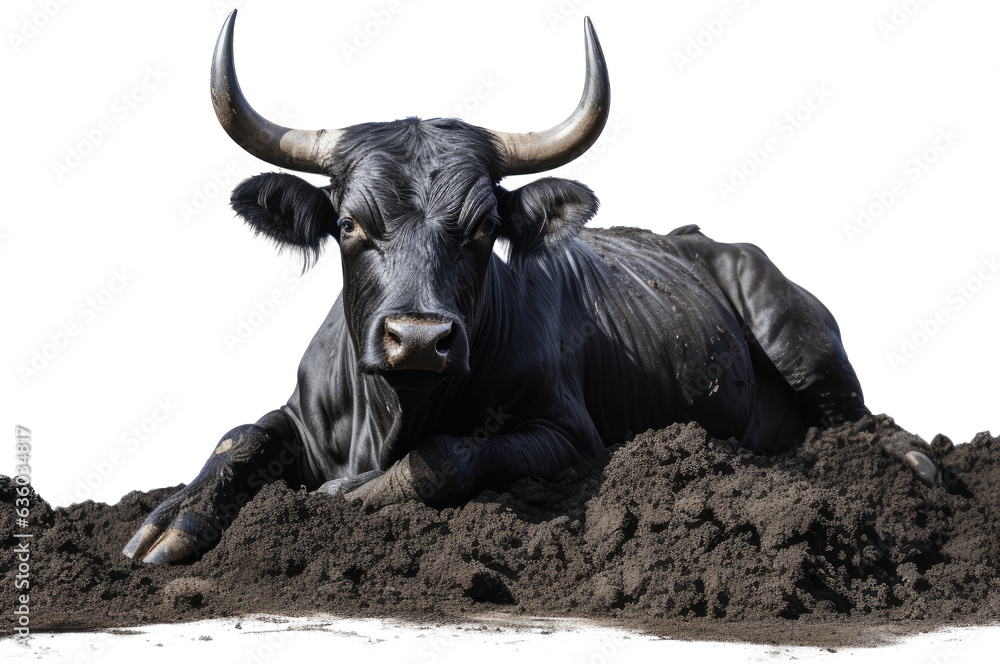 black bull lying in the dirt isolated on a white background as transparent PNG, animal black bull lying in the dirt isolated on a white background as transparent PNG, animal