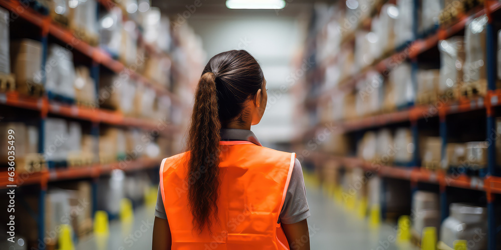 European Woman in orange vest in logistics center, horizontal banner. Back view, copy space, job offer. European Woman in orange vest in logistics center, horizontal banner. Back view, copy space, job offer.