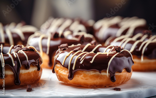 Pastries concept. donuts with chocolate glaze on white wooden table blurry background