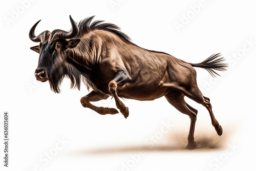 Wildebeest isolated on a white background jumping. Animal left side view portrait.