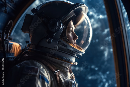 An astronaut in an astronaut helmet looks out the window of the space station looking at the earth with longing curiosity. Generative AI.