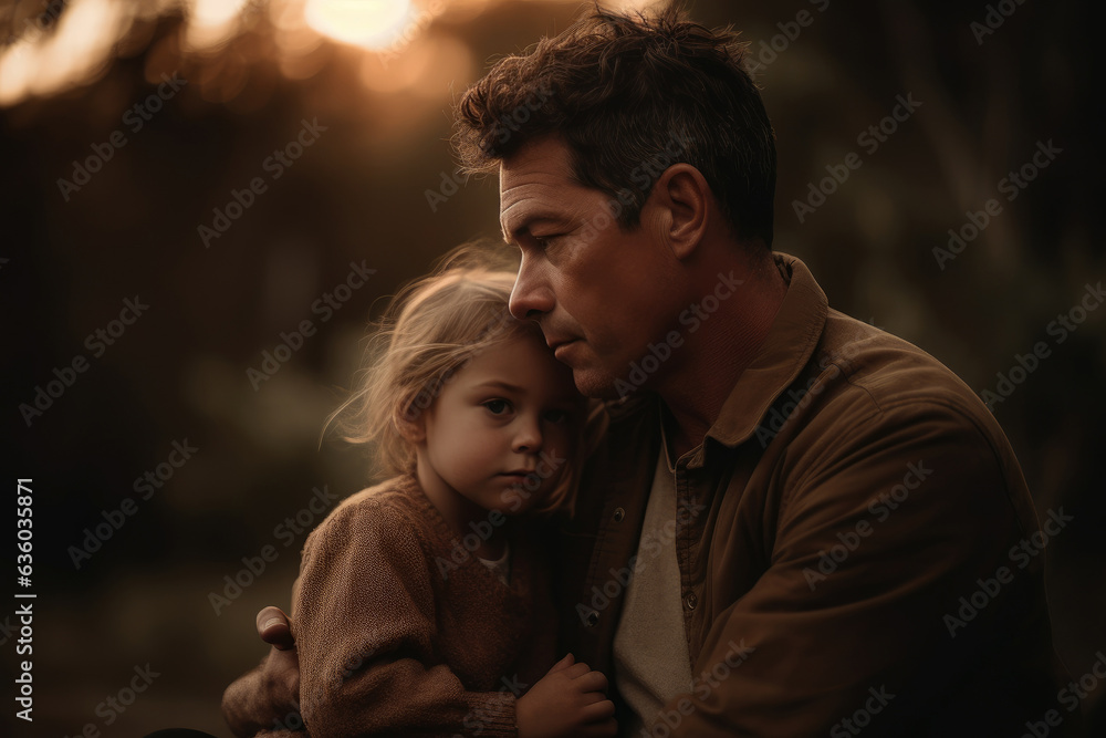 Father's Day photo - A tender moment between a father and child captured with warm lighting and soft, muted tones. Candid and natural style to capture genuine emotions. Generative ai.
