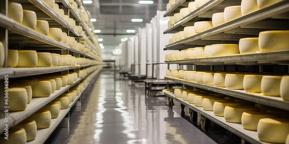 Cheese production corridor with shelves with lots of cheeses. Creative