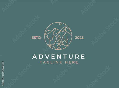Illustration Sun, Mountain and Hill Abstract Panorama Vintage Logo Badge.