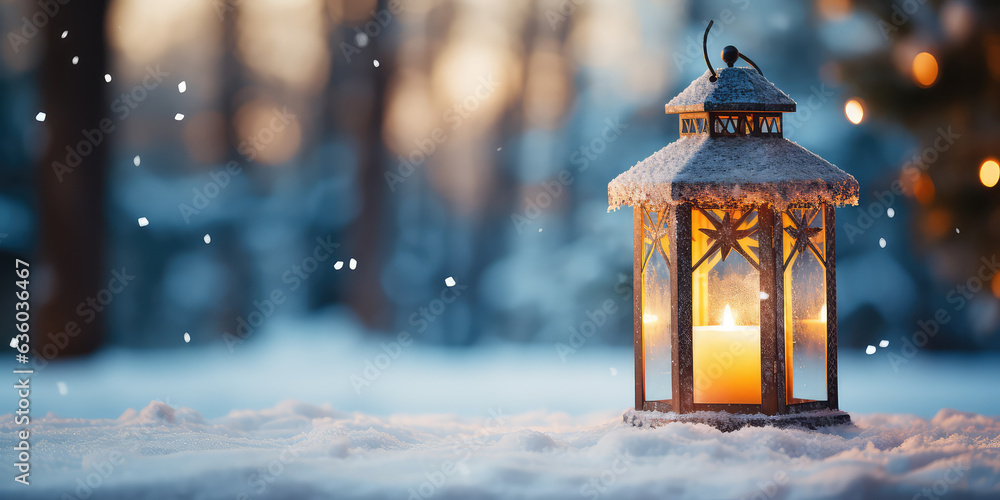 Christmas Lantern On Snow With Fir Branch in the Sunlight. Winter Decoration Background Horizontal wallpaper with copy space. Christmas Lantern On Snow With Fir Branch in the Sunlight. Winter Decoration Background Horizontal wallpaper with copy space.