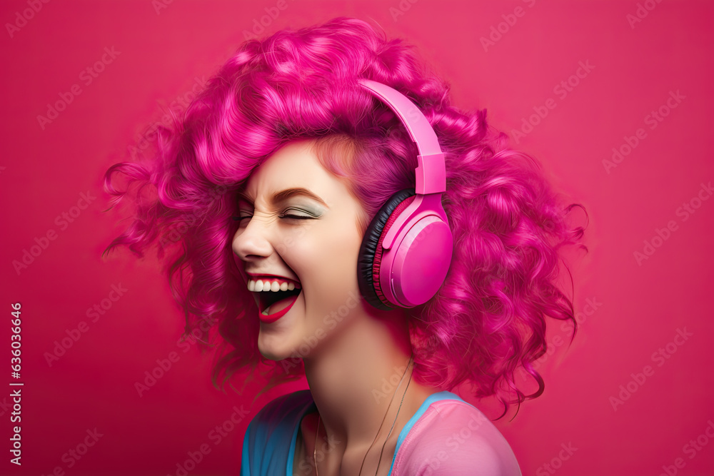 Portrait of a young woman in pink headphones with pinkish hair and background Portrait of a young woman in pink headphones with pinkish hair and background