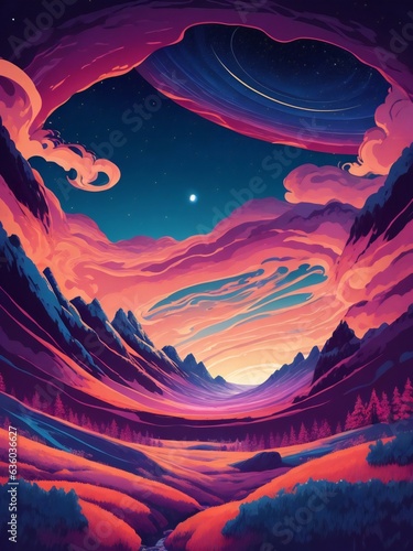 a colorful painting of a mountain and sky