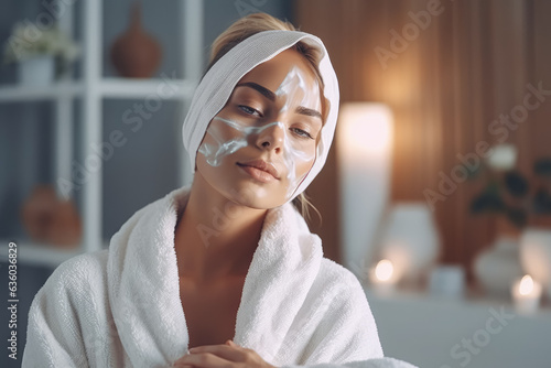 A pretty woman with a face mask and a towel on her head, freshly after a bath. The concept of women taking care of themselves and their beauty. Generative Ai, Ai. photo