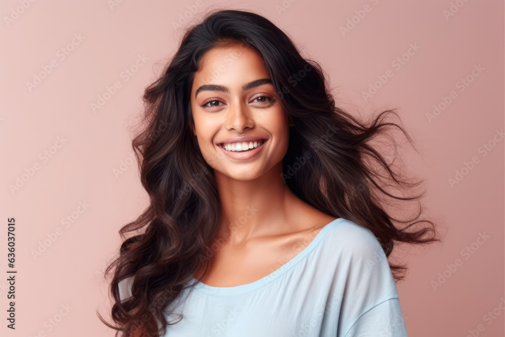 A stunning Indian woman smiling at the camera against a pastel background. Generative AI, AI. A stunning Indian woman smiling at the camera against a pastel background. Generative AI, AI.