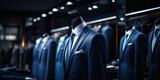 Men shirt in form of suits in dark navy blue colors on mannequin in tailoring room. Luxury banner for an expensive men's clothing and office suits store. 