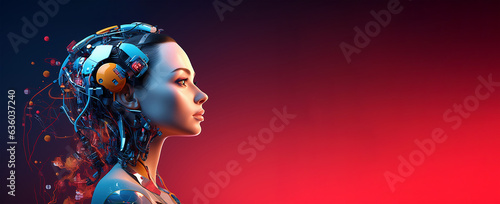 A robot portrait on red banner background. Artificial intelligence concept. AI Generated.