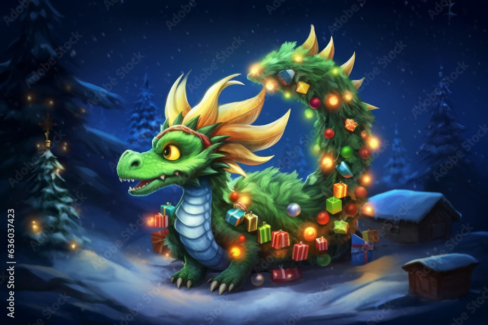 Fairytale dragon in postcard style. Merry christmas and happy new year concept
