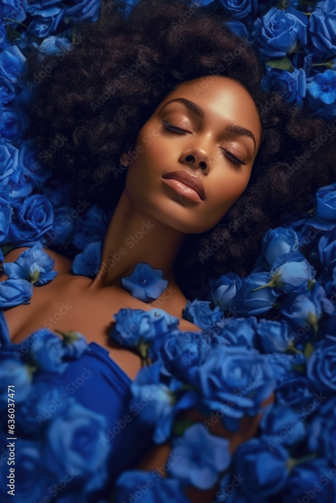 A stunning Afro-American woman lying on a bed of vibrant blue roses. Her radiant beauty is accentuated by the contrasting colors of the flowers. Generative Ai, Ai.