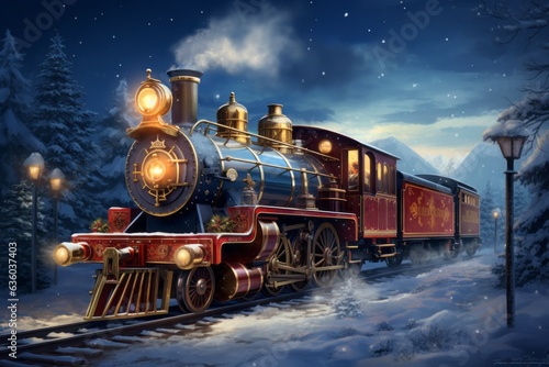 Obraz na plátně Fairy locomotive in holiday postcard style