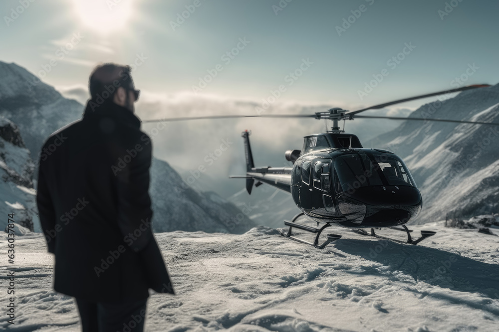 A businessman gazing towards his private helicopter, preparing to board and embark on his journey. Generative Ai, Ai.