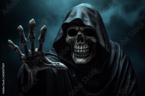 Death or Grim reaper reaches out to the person and approaches. The concept of fears and phobias. Halloween concept. © top images