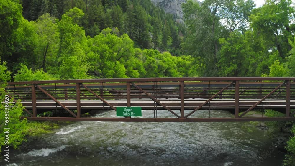Upper Falls Bridge over Provo River in Provo Canyon Utah, static aerial drone Upper Falls Bridge over Provo River in Provo Canyon Utah, static aerial drone
