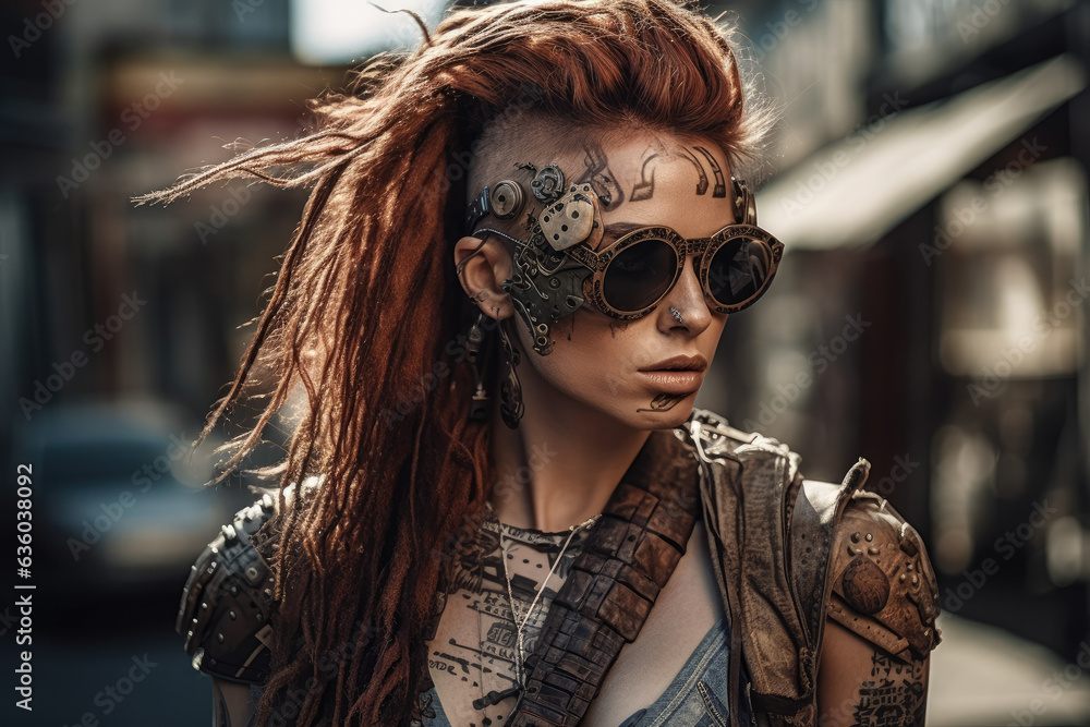 A striking image of a woman dressed in cyberpunk-style attire, wearing goggles, sporting dreadlocks and tattoos. She stands against the backdrop of a post-apocalyptic city. Generative Ai, Ai.