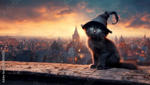 A cute black kitten in a witch's hat sits on the roof of the house next to candles at night against the backdrop of the panorama of the old city. Halloween.