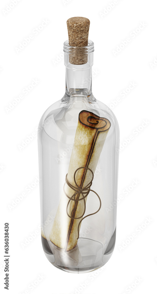 Message in a bottle isolated on transparent background. 3D illustration Message in a bottle isolated on transparent background. 3D illustration