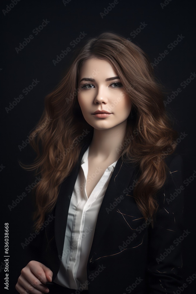 Beautiful Emancipated Businesswoman in Wavy-Styled Black Blazer, Standing Confidently in Front of Modern Dark Silver and Dark Brown Wall, Epitomizing Contemporary Empowerment with Body Extensions