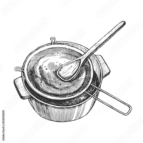 Vector hand-drawn illustration of the sauce cooking process. The stage of wiping through a sieve in sketch style.